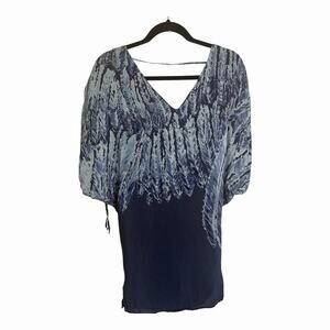 RaMona LaRue Blue Feather Print Sheer Boho Blouse Small